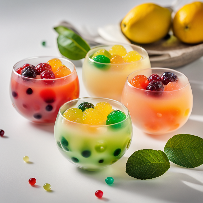 Perlas de popping boba en colores amarillo rojo y verde frescas y brillantes con decoración de frutas tropicales