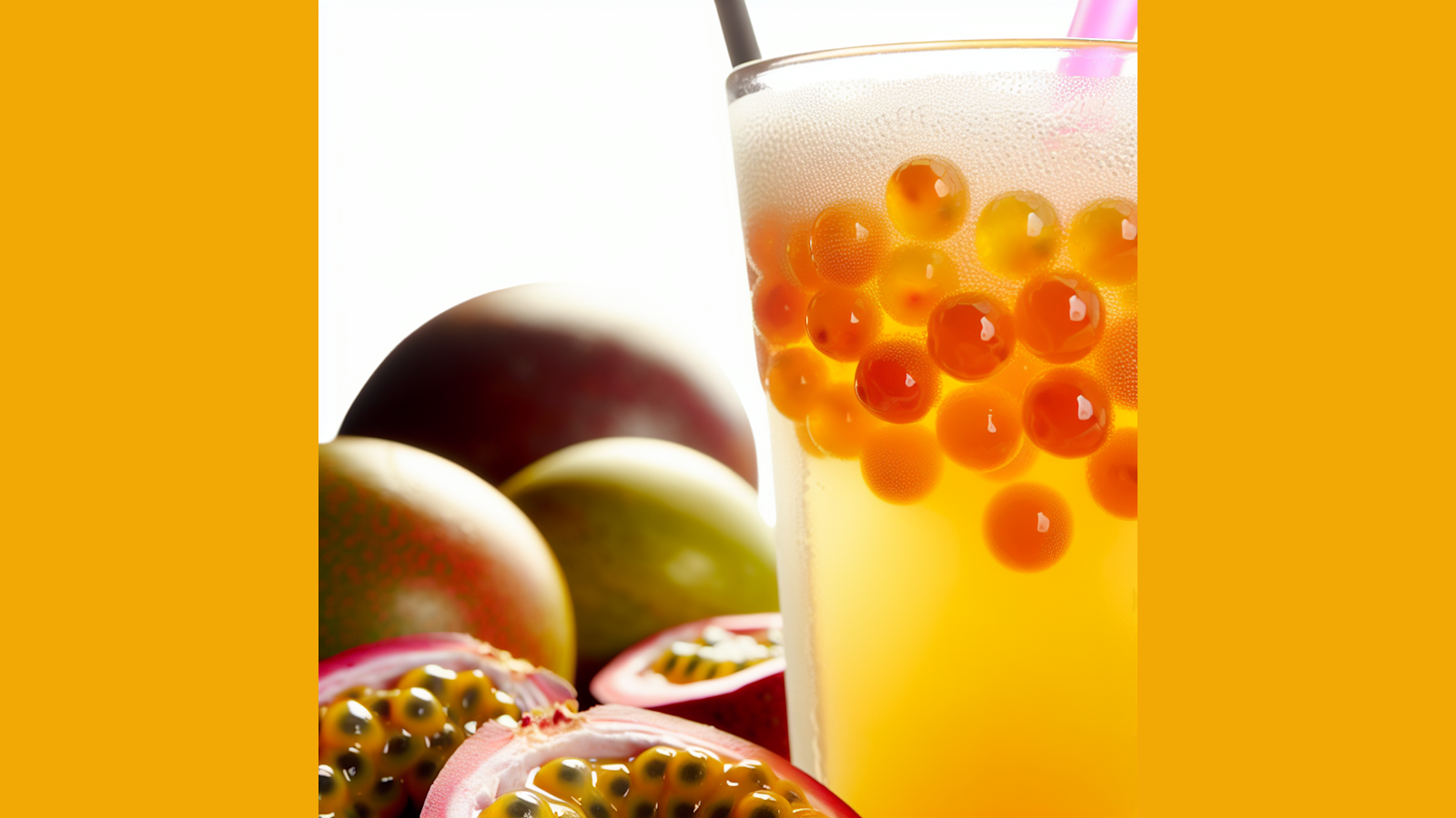 Perlas de popping boba translúcidas en bebida tropical con frutas frescas