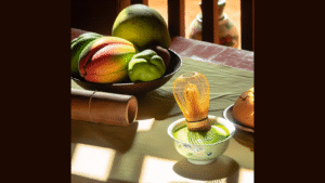 Taza de matcha verde brillante con espuma cremosa en fondo claro