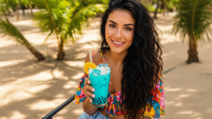 Vaso alto con Blue Coral azul turquesa y rodaja de limón fresco