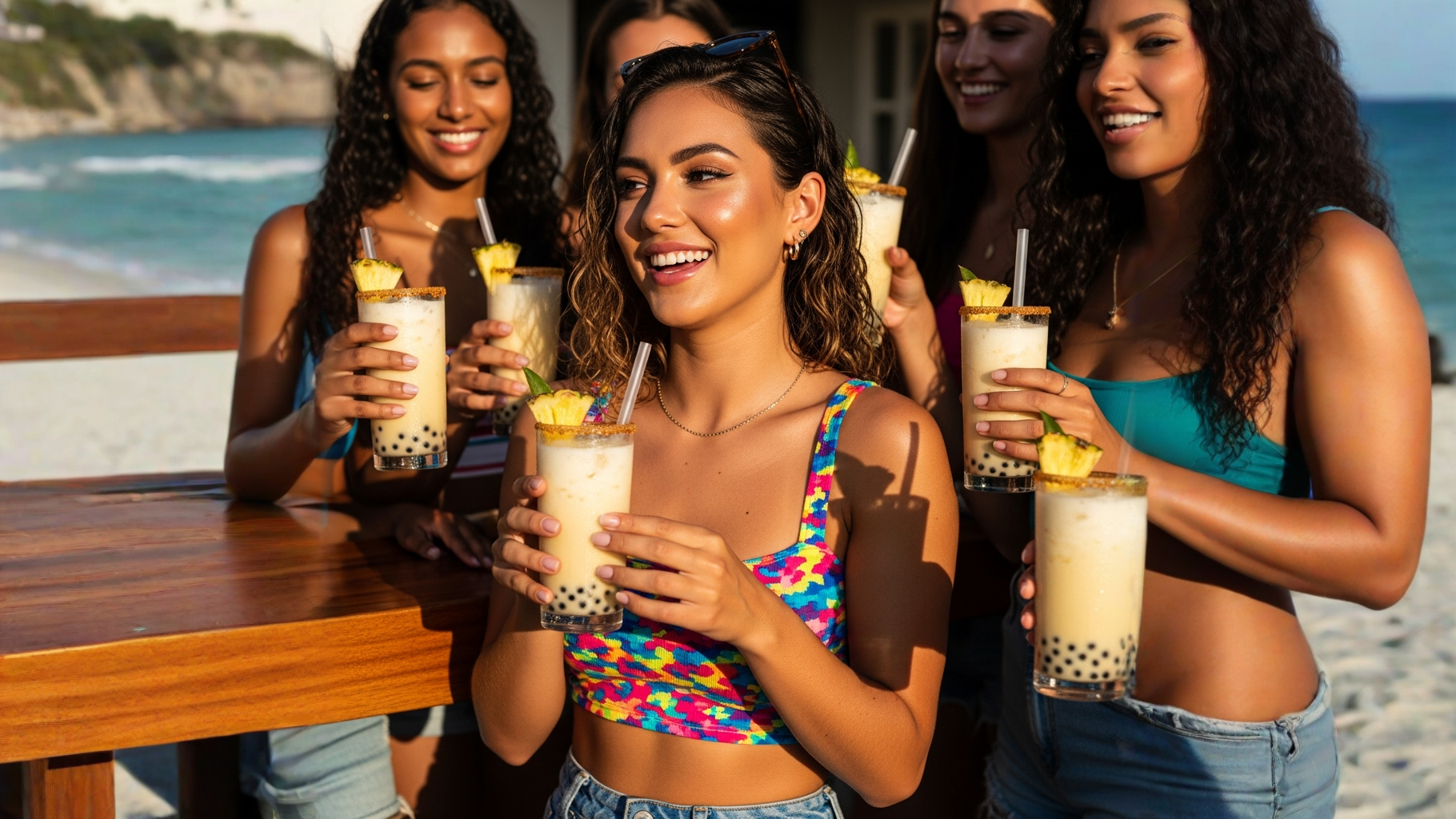 Vaso frío de piña colada cremoso con popping boba brillante