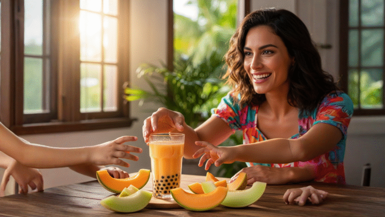 Vaso de bebida de melón frío para niños bobabocateacom Vaso de bebida de melón frío con gotas de condensación en vaso de vidrio