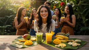 Vaso con matcha verde espumoso y batido de frutas tropicales frescas