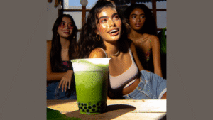 Taza de matcha con espuma fina color verde jade sobre fondo claro