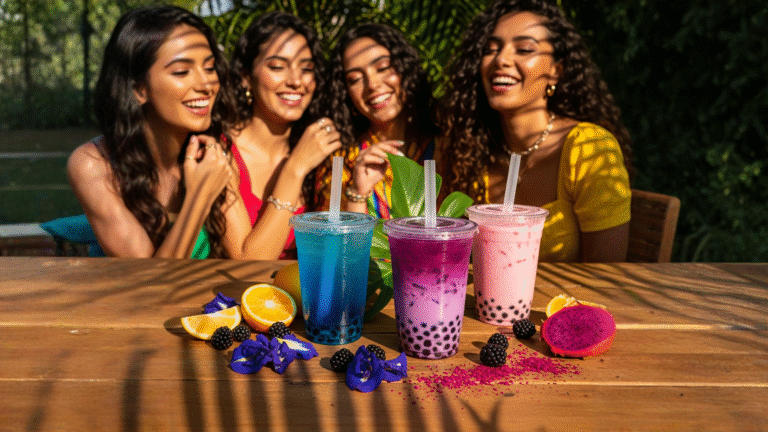 Vasos con bebidas azul morado y rosado en mesa tropical bobabocateacom Tres vasos con bebidas azul morado y rosado sobre mesa con luz natural