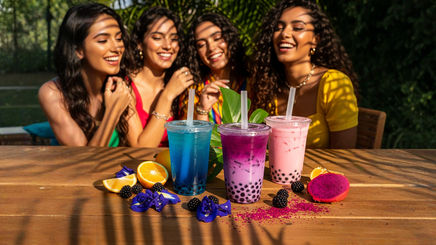 Vasos con bebidas azul morado y rosado en mesa tropical bobabocateacom Tres vasos con bebidas azul morado y rosado sobre mesa con luz natural