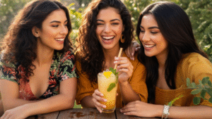 Vaso transparente con bebida fría de melón Hami y perlas de popping boba amarillas