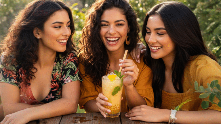 Bebida fresca de melón Hami con popping boba amarilla bobabocateacom Vaso transparente con bebida fría de melón Hami y perlas de popping boba amarillas