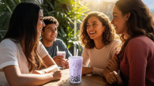 Vaso alto con taro milk tea lila y perlas de tapioca oscuras en Costa Rica