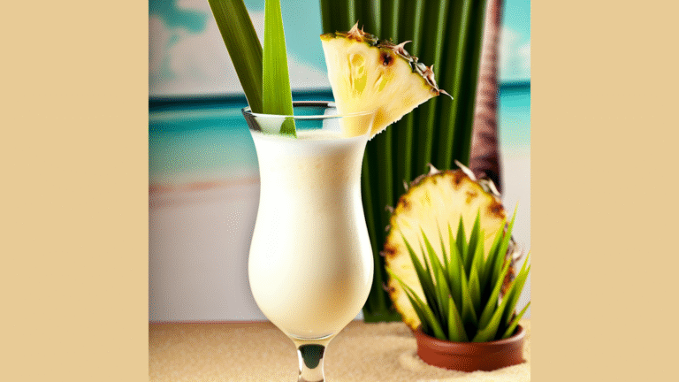 Piña Colada en vaso alto con guarnición de piña fresca bobabocateacom Vaso alto con piña colada cremosa decorada con trozo de piña y hoja verde