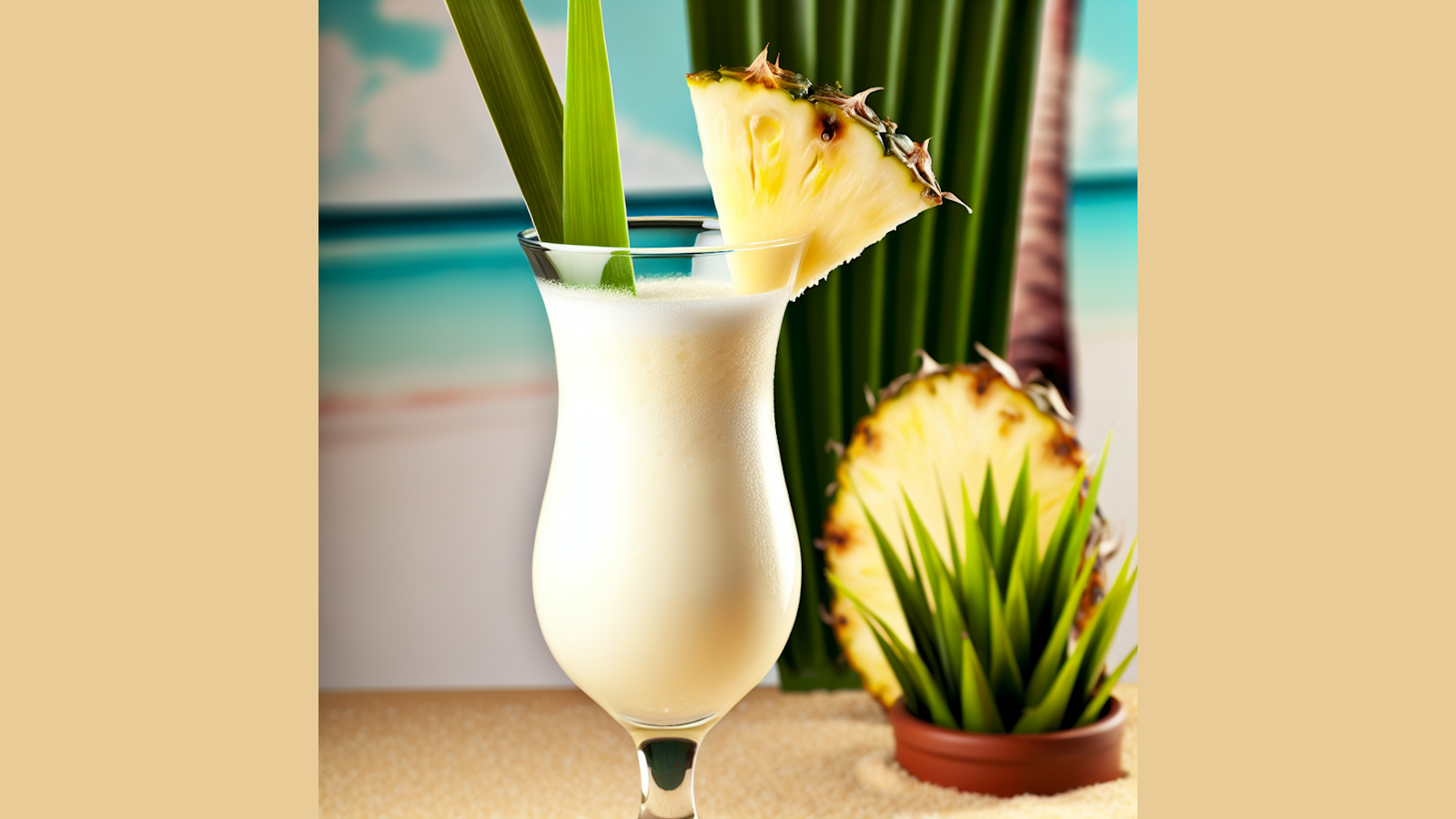 Piña Colada en vaso alto con guarnición de piña fresca bobabocateacom Vaso alto con piña colada cremosa decorada con trozo de piña y hoja verde