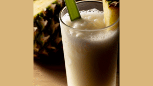 Vaso de piña colada con rodaja de piña y coco rallado en verano