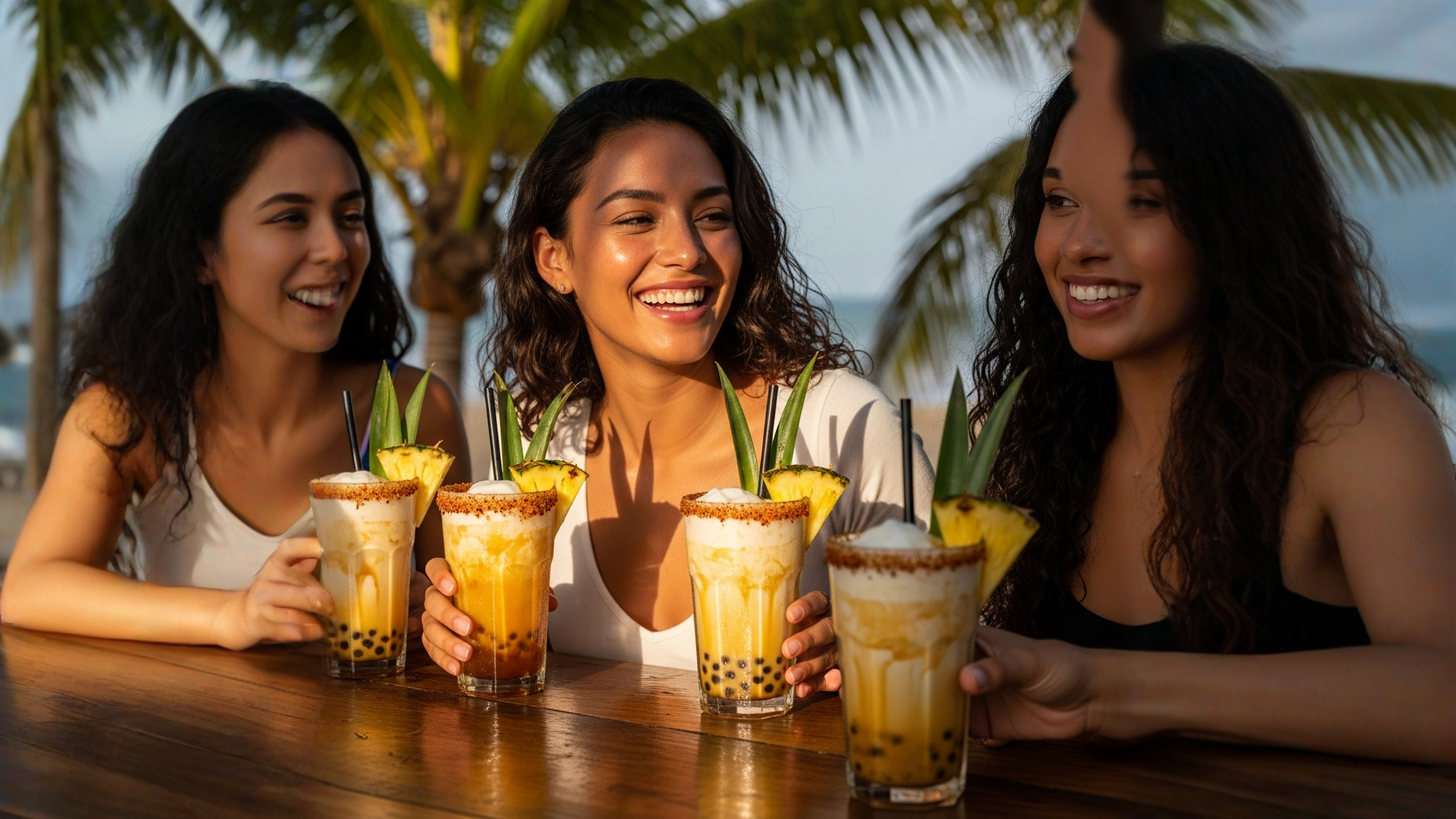 Vaso alto con piña colada sin alcohol crema de coco hielo y decoración tropical