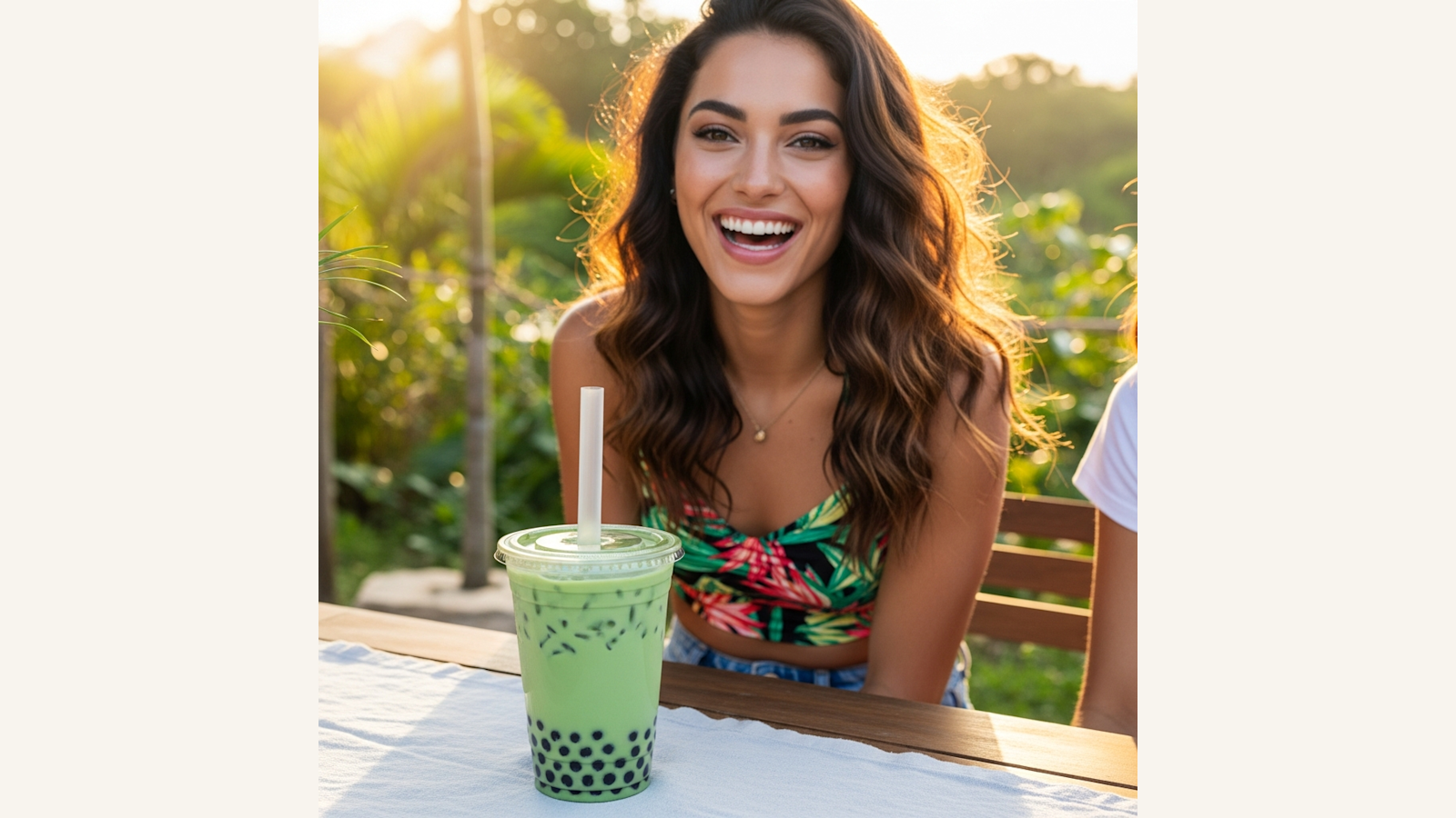 Taza de matcha verde espumoso sobre mesa de madera clara
