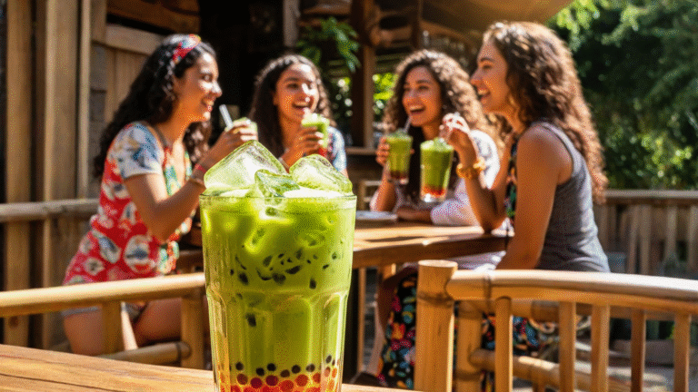 Matcha con perlas explosivas en vaso alto con hielo bobabocateacom Vaso alto de matcha verde jade con perlas explosivas doradas y hielo