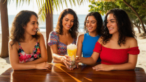 Vaso alto con piña colada cremosa amarilla y blanca sobre fondo neutro