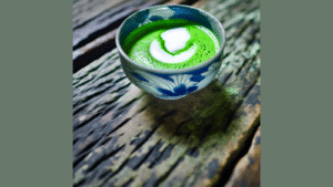 taza de matcha verde cremosa con espuma sobre mesa de madera