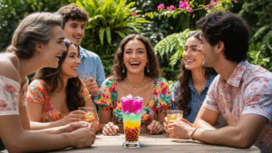 Vaso alto con bebida en colores en gradiente y hielo claro