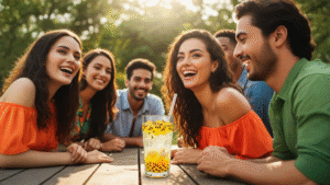 Vaso transparente con popping boba de colores variados y hielo