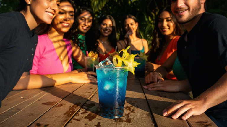 Bebida azul refrescante con hielo y luz cálida bobabocateacom Vaso con bebida azul hielo transparente y luz dorada lateral