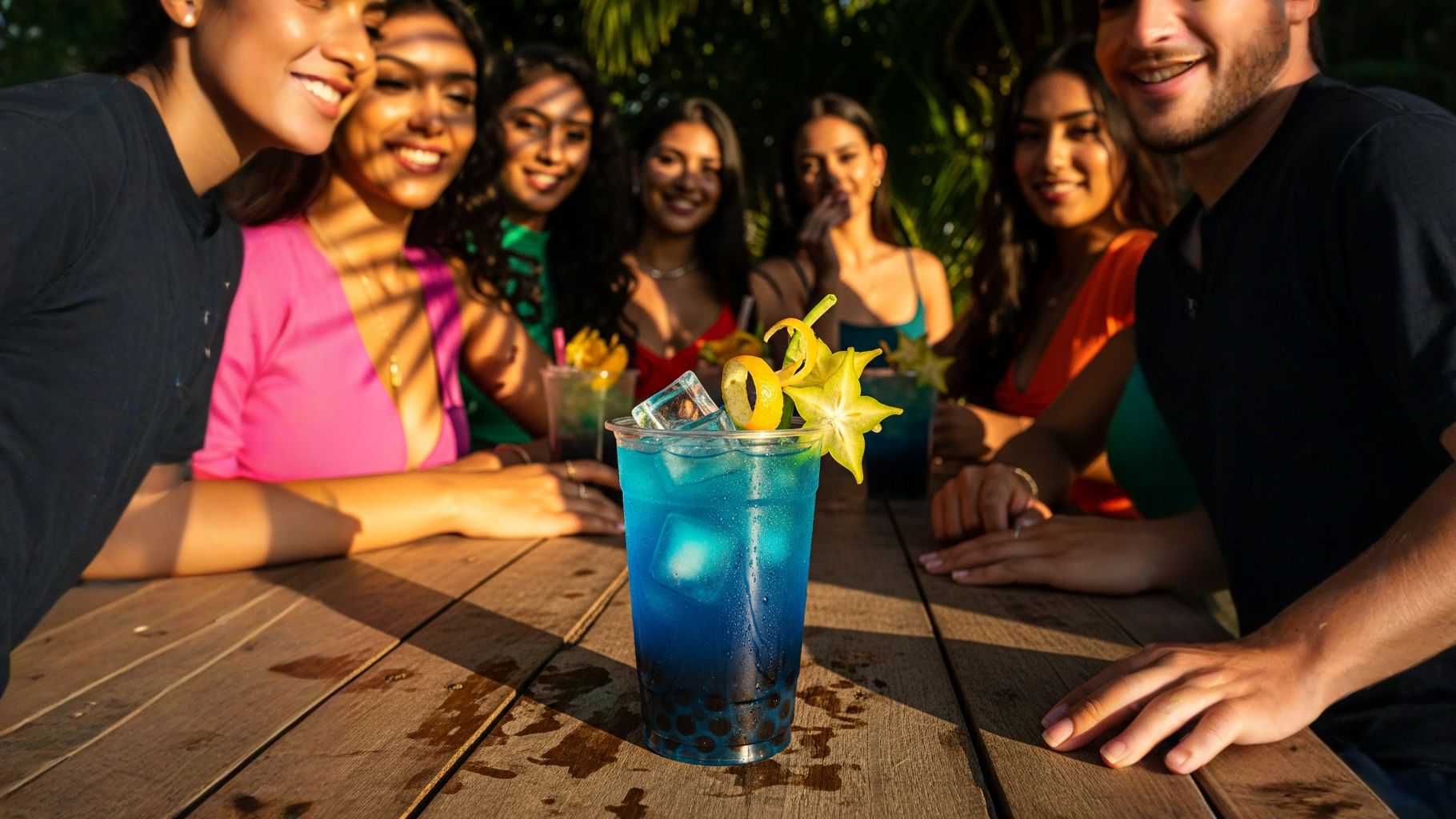 Bebida azul refrescante con hielo y luz cálida bobabocateacom Vaso con bebida azul hielo transparente y luz dorada lateral