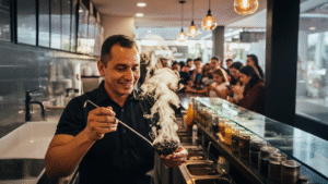 cucharon sostiene perlas de tapioca negras brillantes en barra de bubble tea