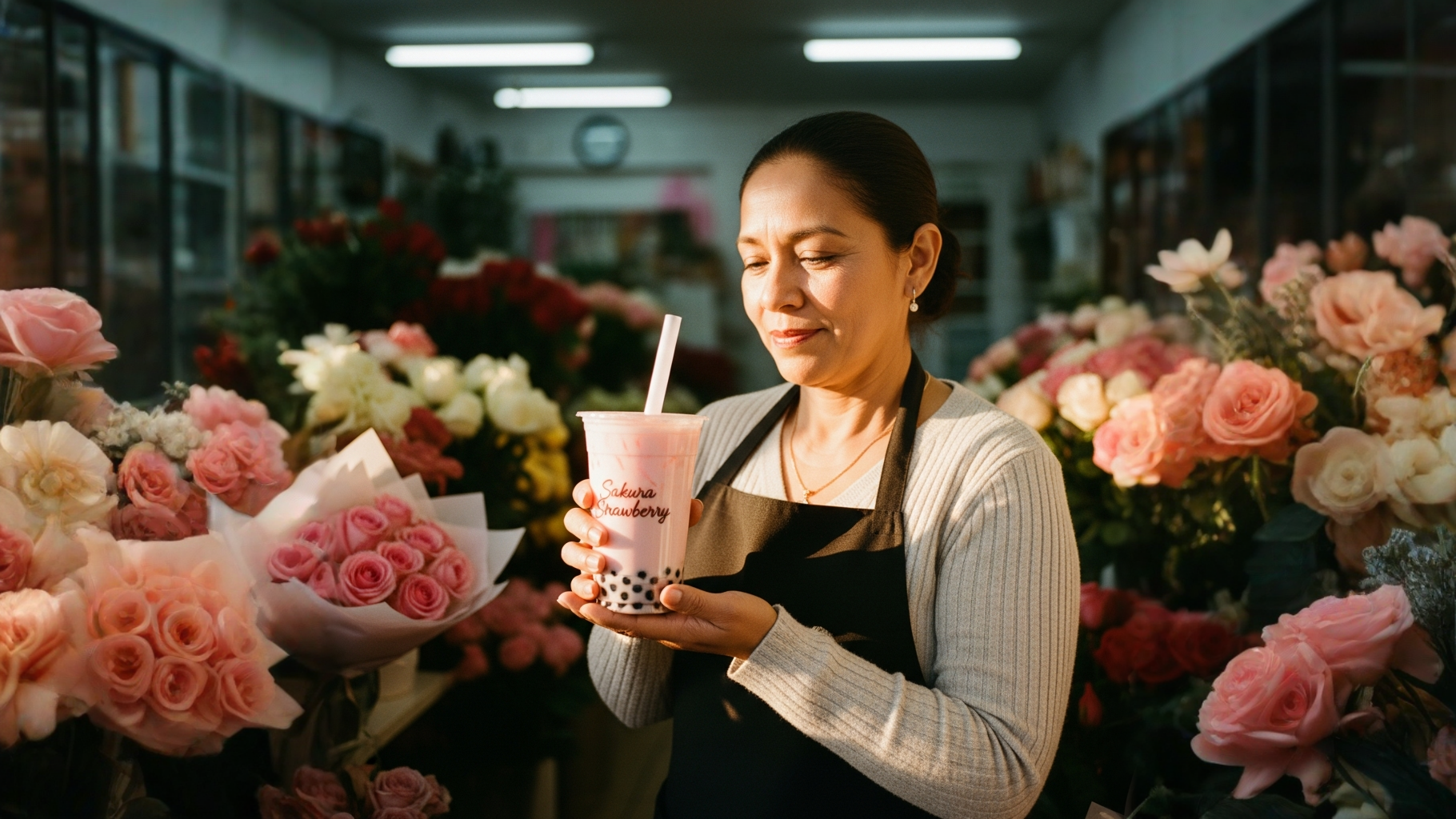 Vaso de sakura fresa con boba en floristería de San Valentín bobabocateacom Vaso rosado de té sakura fresa con perlas de boba en floristería