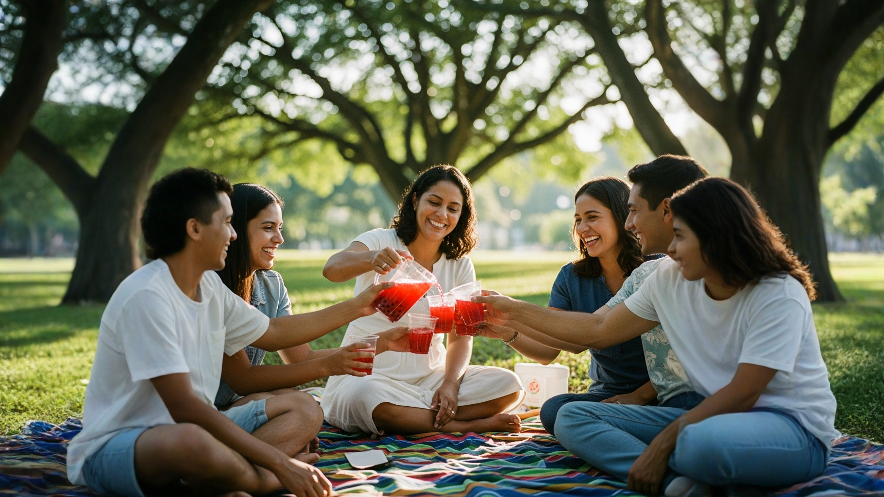 Vaso de té tropical con perlas explosivas sobre manta en picnic