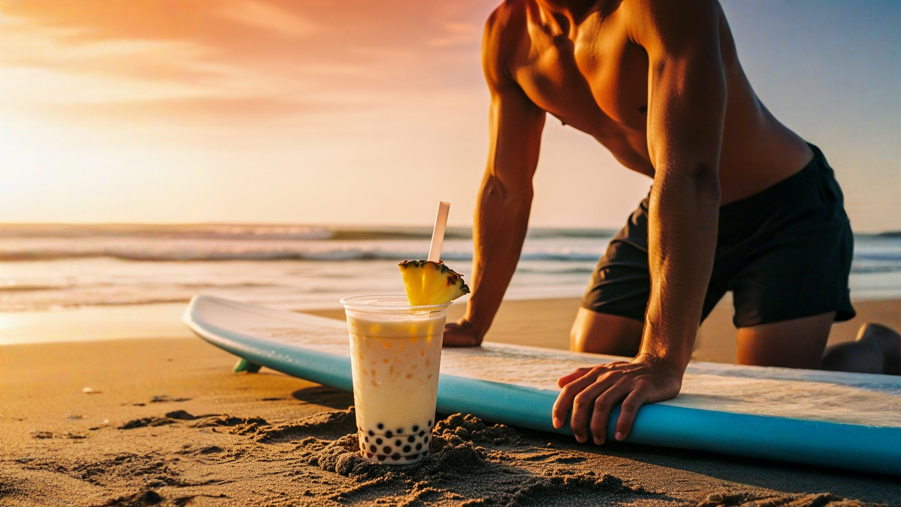 Instructor de surf en la playa de Jacó con bebida piña colada sin alcohol