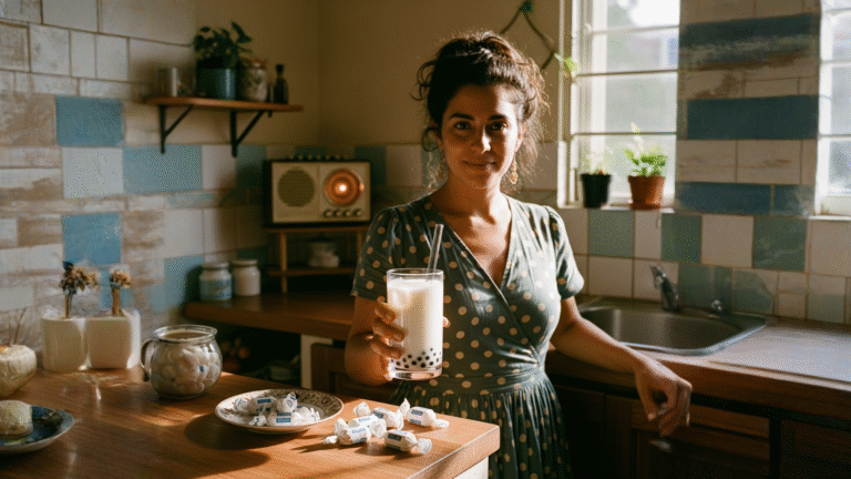 Taza blanca con té de leche de caramelo blanco y envolturas de caramelos abiertas
