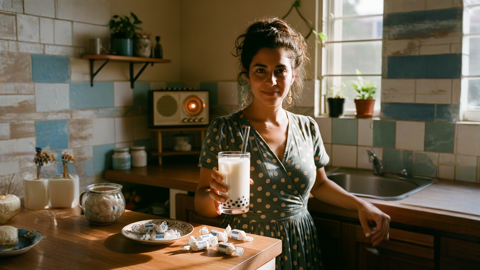 Taza blanca con té de leche de caramelo blanco y envolturas de caramelos abiertas