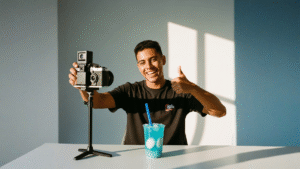 Vaso con bebida azul intenso y cubitos blancos de nata de coco en estudio