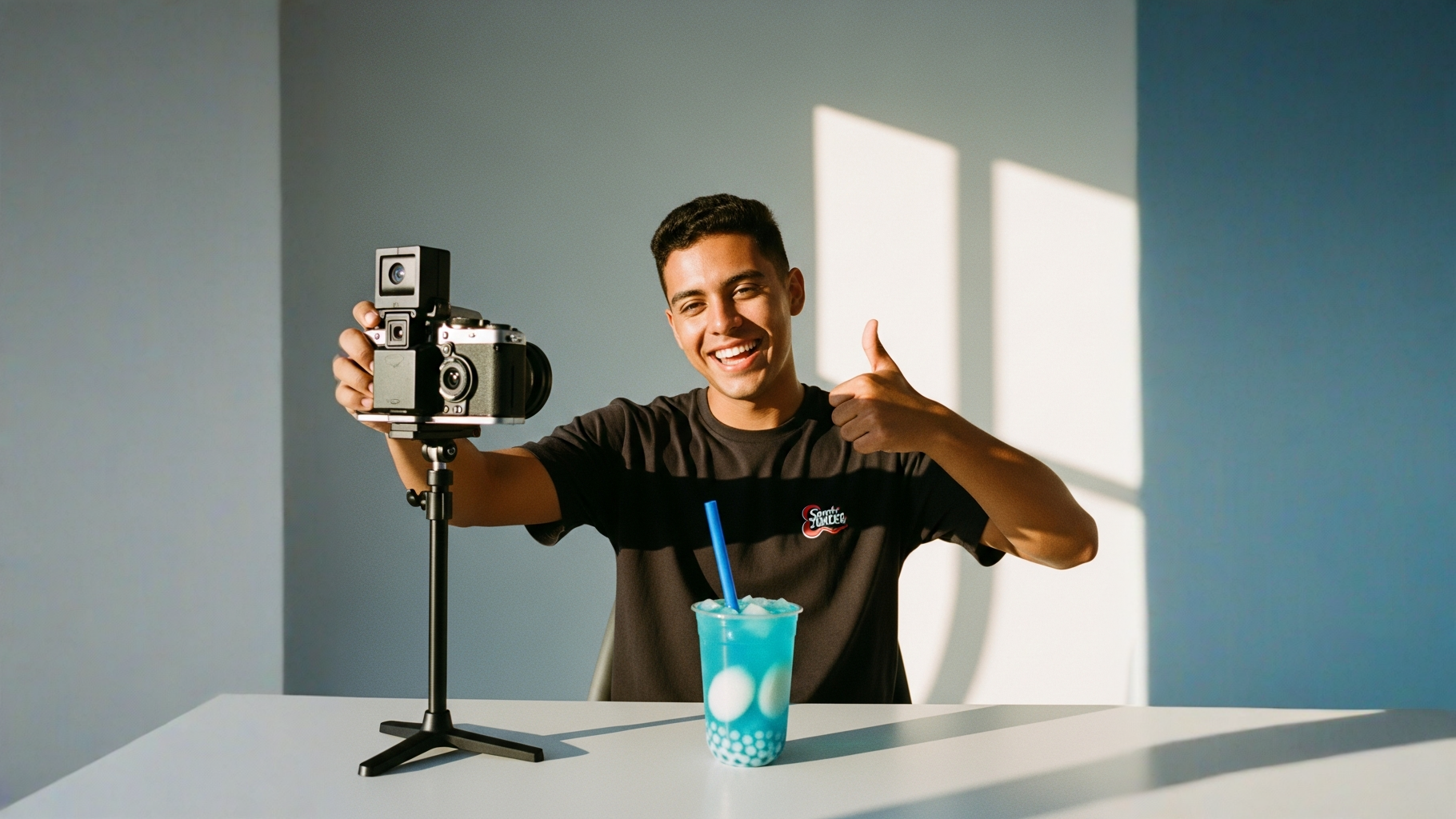 Vaso con bebida azul intenso y cubitos blancos de nata de coco en estudio