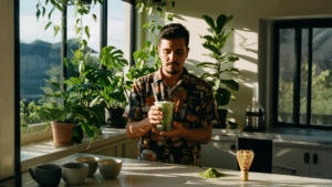 Vaso de matcha milk tea con espuma verde en barra de café en Escalante