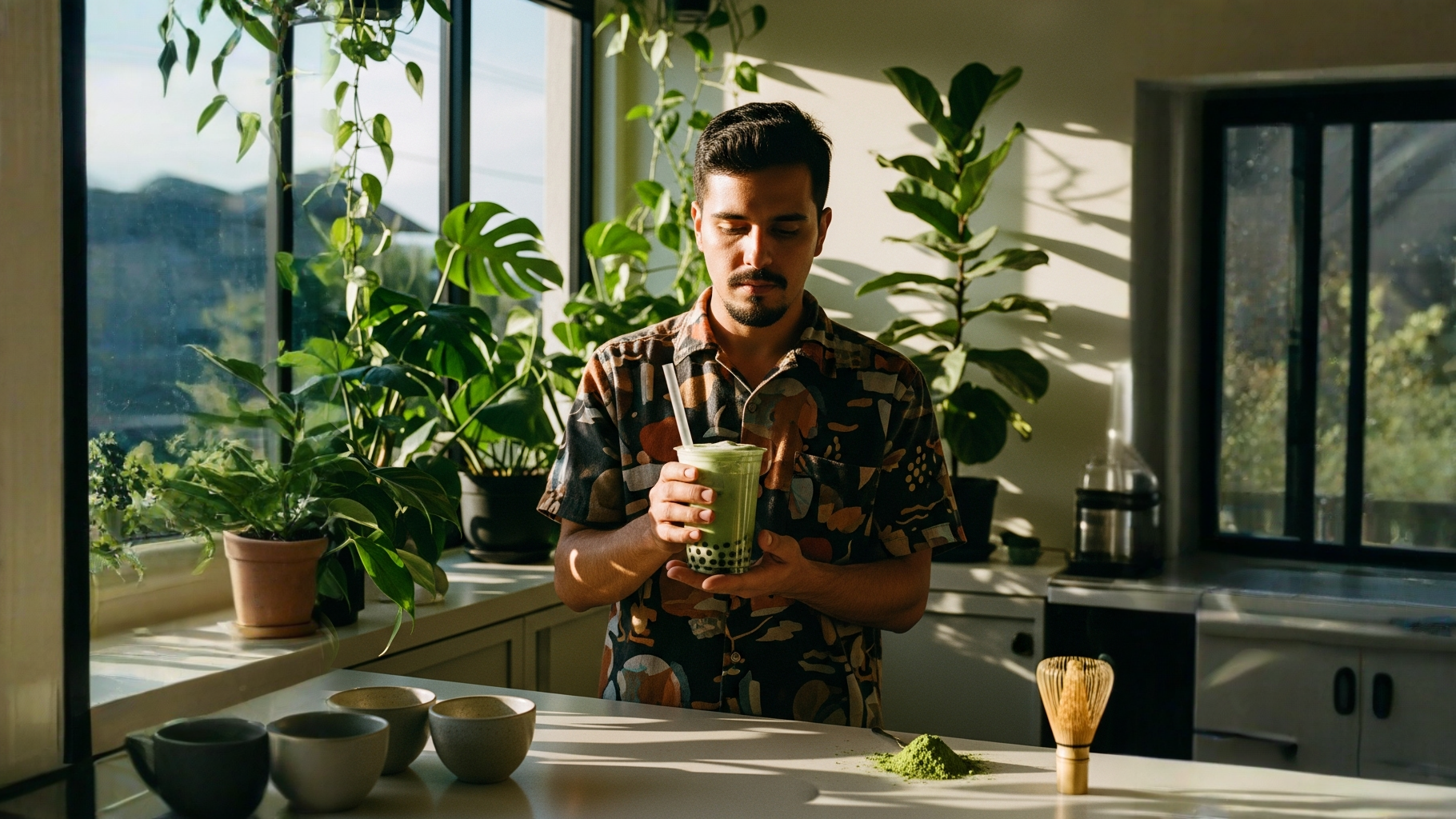 Matcha milk tea con espuma en barra de café Escalante bobabocateacom Vaso de matcha milk tea con espuma verde en barra de café en Escalante