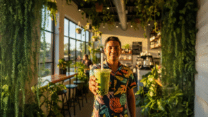 Vaso de matcha milk tea con espuma verde sobre barra de café en Escalante