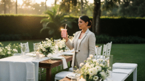 Vaso rosado de té de leche sakura y fresa en boda al aire libre en Heredia