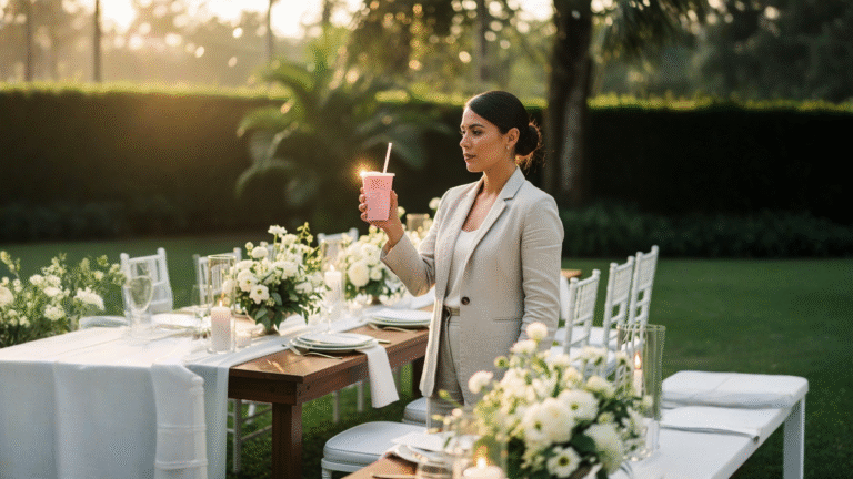 Vaso rosado de té de leche sakura y fresa en boda al aire libre en Heredia