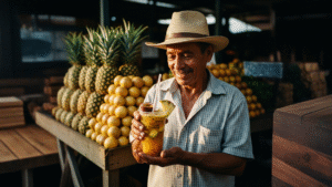 Vaso con té de frutas tropicales y maracuyá en feria costarricense