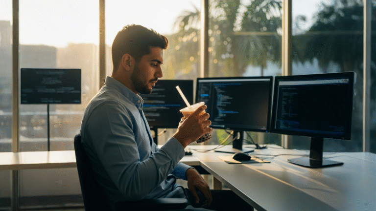 Té con leche clásico con perlas de tapioca en oficina bobabocateacom Vaso con té con leche y perlas de tapioca en escritorio de oficina