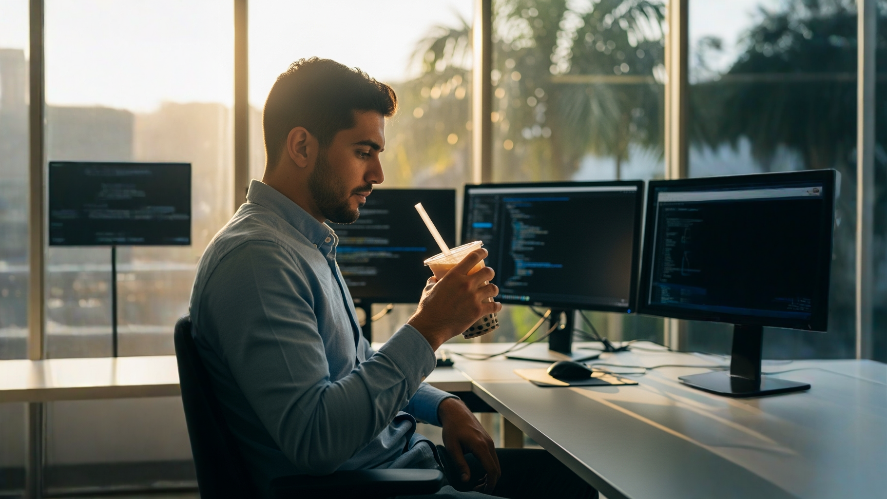 Té con leche clásico con perlas de tapioca en oficina bobabocateacom Vaso con té con leche y perlas de tapioca en escritorio de oficina