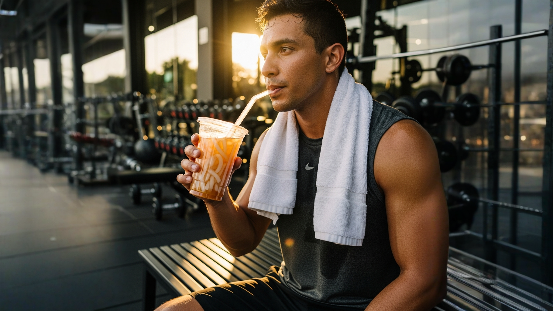 Vaso con té de frutas y trozos de coconut jelly con hielo