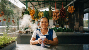 Vaso con té de taro clásico color lila con espuma cremosa en mercado central