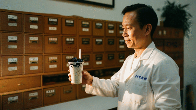 Vaso con té con leche y cubos negros de gelatina de hierba en mostrador