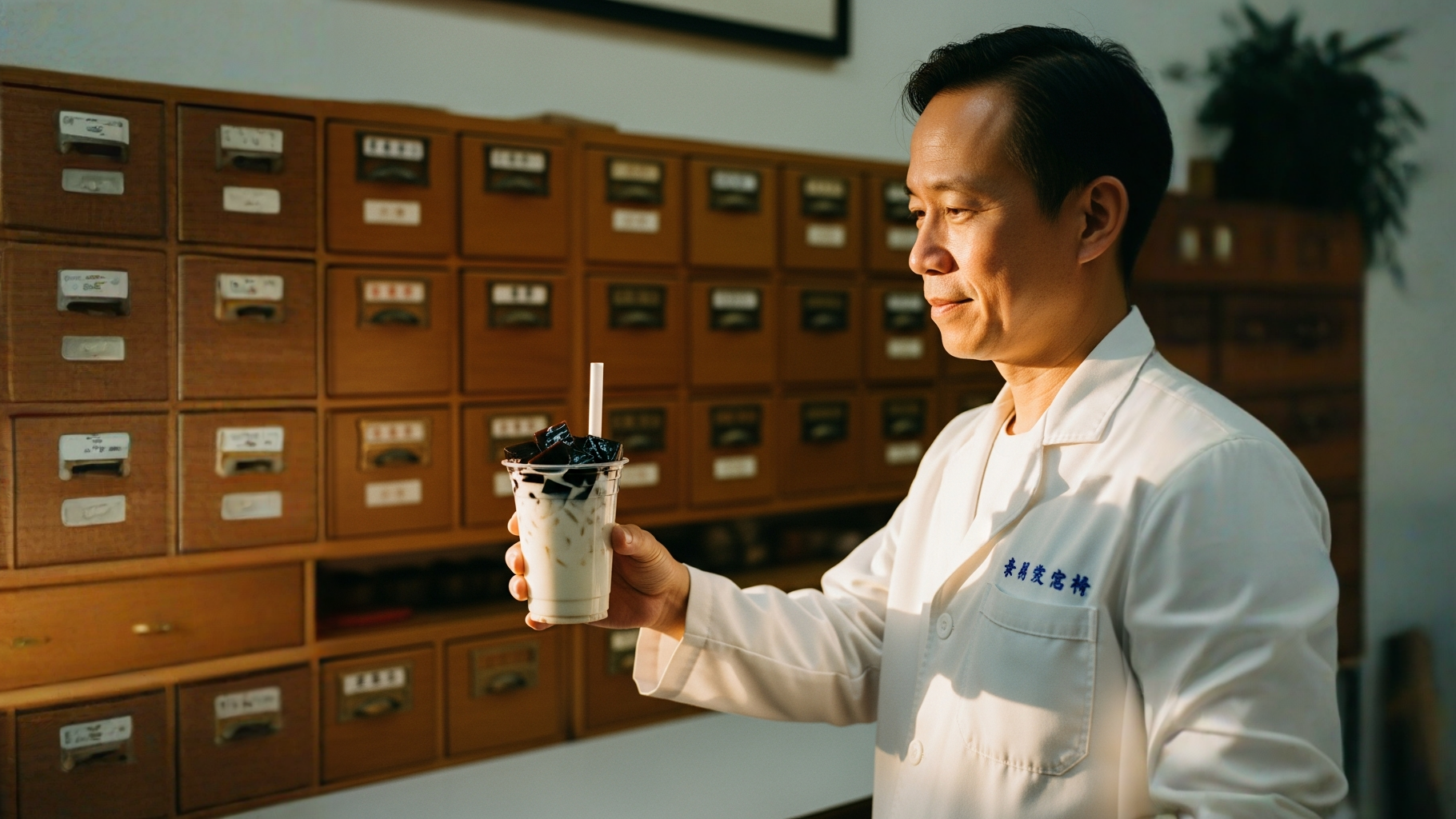 Vaso de té con leche y gelatina de hierba del Dr Lin bobabocateacom Vaso con té con leche y cubos negros de gelatina de hierba en mostrador