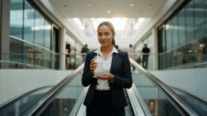 Vaso de milk tea de caramelo blanco con boba en mano dentro de mall en Escazú