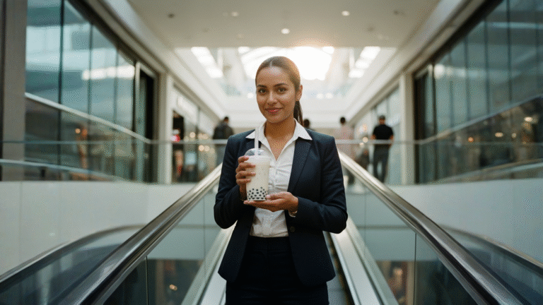 Milk tea de caramelo blanco con boba en Escazú bobabocateacom Vaso de milk tea de caramelo blanco con boba en mano dentro de mall en Escazú