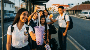 Vaso morado de té de taro con perlas negras en mano de estudiante