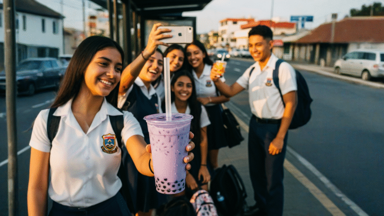 Té de taro con boba en parada de bus bobabocateacom Vaso morado de té de taro con perlas negras en mano de estudiante