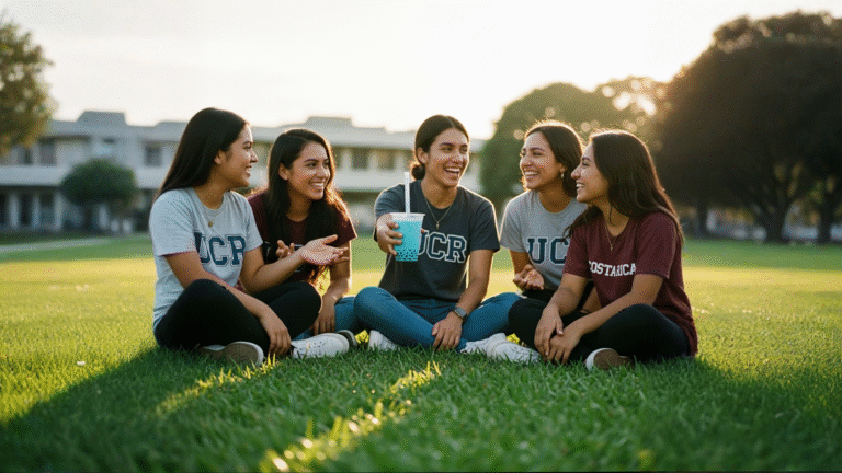 Vaso de té de burbujas azul intenso en la grama de San Pedro UCR